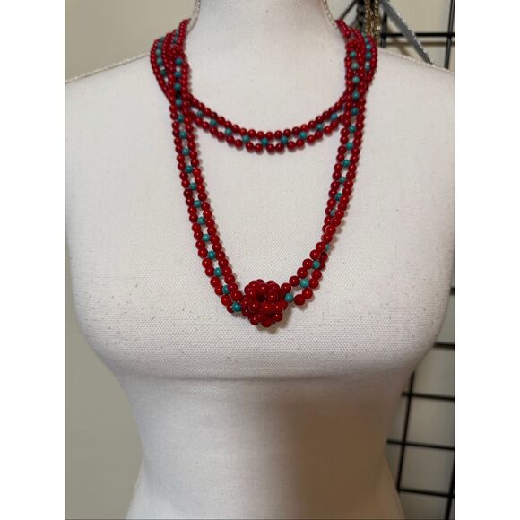 Long Red & Turquoise Glass Bead Necklace with Knotted Accents Unique - Picture 9 of 10